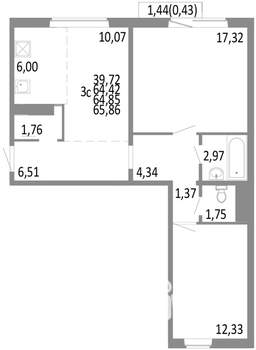 3-к квартира, строящийся дом, 65м2, 3/10 этаж