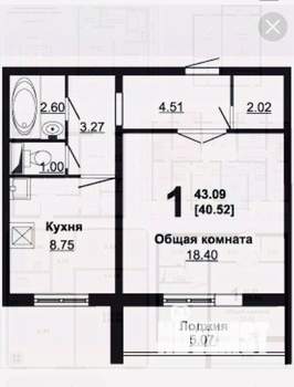 1-к квартира, вторичка, 41м2, 6/10 этаж