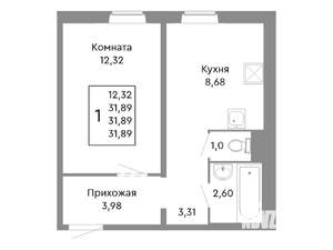 1-к квартира, строящийся дом, 32м2, 2/10 этаж
