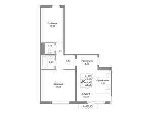 3-к квартира, строящийся дом, 62м2, 8/10 этаж