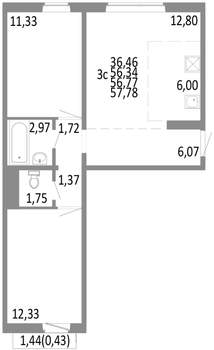 3-к квартира, строящийся дом, 57м2, 4/10 этаж