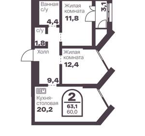 2-к квартира, вторичка, 60м2, 10/8 этаж