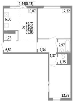 3-к квартира, строящийся дом, 65м2, 8/10 этаж