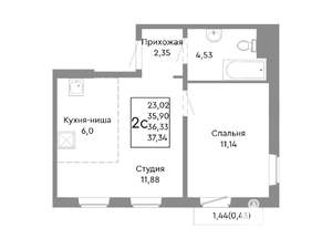 2-к квартира, строящийся дом, 36м2, 6/10 этаж