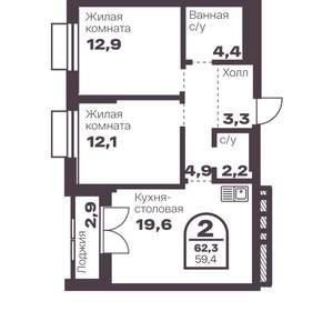 2-к квартира, вторичка, 59м2, 22/8 этаж