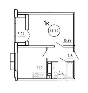 1-к квартира, вторичка, 38м2, 3/16 этаж