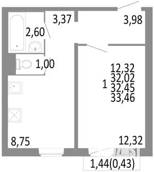 1-к квартира, строящийся дом, 32м2, 5/10 этаж