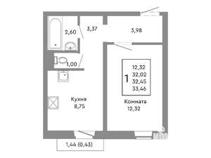 1-к квартира, строящийся дом, 32м2, 6/10 этаж