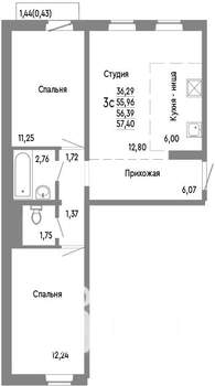 3-к квартира, строящийся дом, 56м2, 4/10 этаж