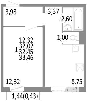 1-к квартира, строящийся дом, 32м2, 8/10 этаж