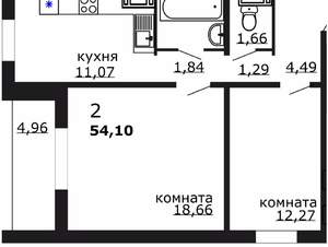 2-к квартира, вторичка, 54м2, 18/18 этаж