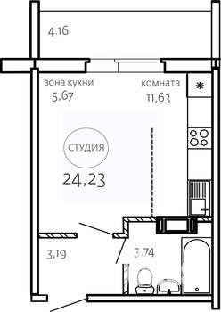 Студия квартира, строящийся дом, 24м2, 10/10 этаж