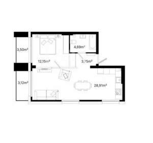 1-к квартира, вторичка, 49м2, 1/19 этаж