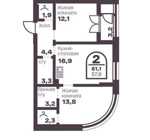 2-к квартира, вторичка, 58м2, 3/8 этаж