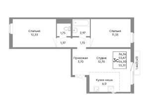 3-к квартира, строящийся дом, 54м2, 7/10 этаж