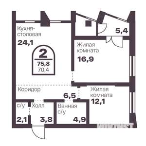 2-к квартира, вторичка, 70м2, 14/24 этаж