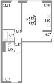 3-к квартира, строящийся дом, 56м2, 2/10 этаж