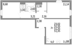 2-к квартира, строящийся дом, 51м2, 1/10 этаж
