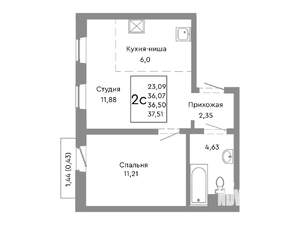 2-к квартира, строящийся дом, 37м2, 4/10 этаж