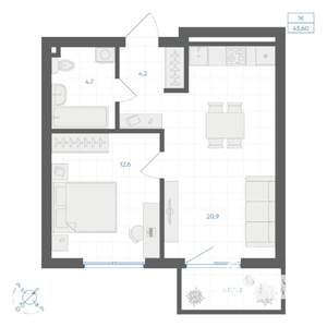 1-к квартира, вторичка, 44м2, 3/9 этаж