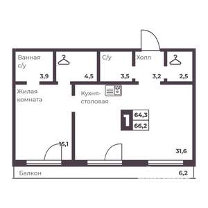 1-к квартира, строящийся дом, 64м2, 6/17 этаж