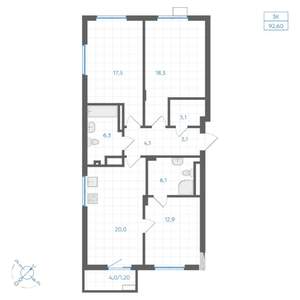 3-к квартира, вторичка, 93м2, 12/18 этаж