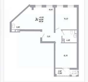 3-к квартира, вторичка, 69м2, 6/23 этаж