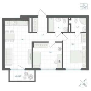 2-к квартира, вторичка, 57м2, 9/18 этаж