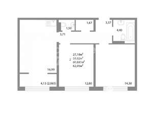 2-к квартира, вторичка, 61м2, 7/16 этаж