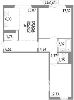 3-к квартира, строящийся дом, 65м2, 7/10 этаж