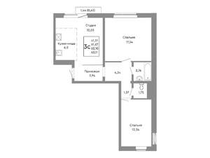 3-к квартира, строящийся дом, 62м2, 6/10 этаж