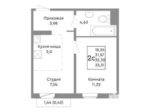 2-к квартира, строящийся дом, 32м2, 8/10 этаж