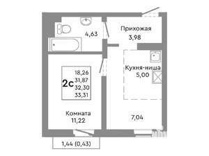 2-к квартира, строящийся дом, 32м2, 6/10 этаж