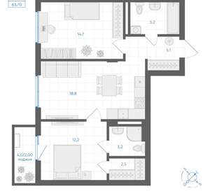 2-к квартира, вторичка, 64м2, 4/18 этаж