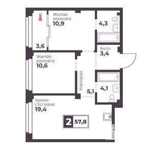 2-к квартира, строящийся дом, 58м2, 10/18 этаж