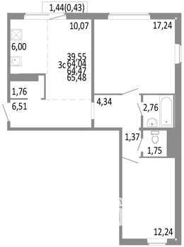 3-к квартира, строящийся дом, 64м2, 10/10 этаж