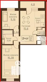 2-к квартира, вторичка, 54м2, 5/10 этаж