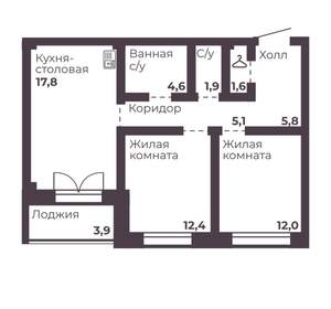 2-к квартира, вторичка, 61м2, 8/17 этаж