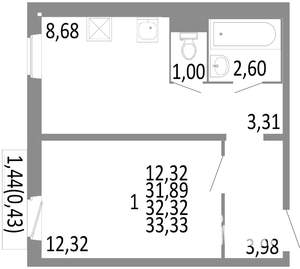 1-к квартира, строящийся дом, 32м2, 9/10 этаж