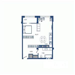 1-к квартира, вторичка, 55м2, 21/23 этаж