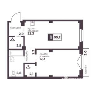 1-к квартира, строящийся дом, 55м2, 2/18 этаж
