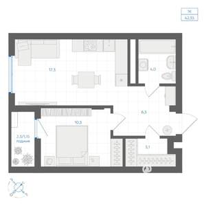 1-к квартира, вторичка, 42м2, 3/9 этаж