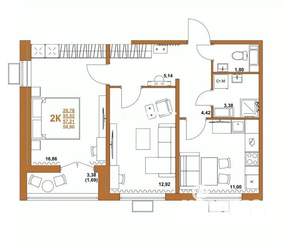 2-к квартира, строящийся дом, 57м2, 2/12 этаж