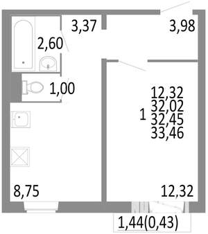 1-к квартира, строящийся дом, 32м2, 3/10 этаж