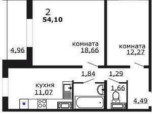 2-к квартира, вторичка, 54м2, 14/18 этаж