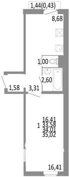 1-к квартира, строящийся дом, 34м2, 9/10 этаж