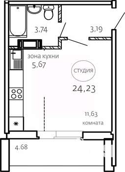 Студия квартира, строящийся дом, 24м2, 6/10 этаж