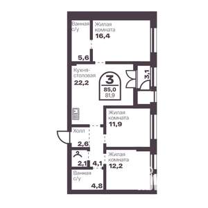 3-к квартира, вторичка, 82м2, 1/24 этаж