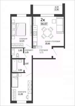 2-к квартира, вторичка, 56м2, 6/10 этаж