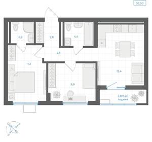 2-к квартира, вторичка, 52м2, 8/18 этаж